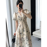 Women's Elegant Casual Floral Print Mid-length Party Dress Office Slim Retro A-line Prom Beach Fashion Bubble Sleeve Long