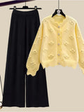 Winter Knit Sets Womens Outfits Korean Sweet Floral Knitted Cardigan And Wide Leg Pants Sets Ladies Elegant Knitting