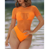 2022 Beachwear Orange Color Sheer Mesh Cutout Two Piece Swimsuit With Lining Swimwear Women Summer Sexy Bikini Cover