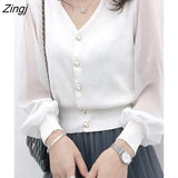 Women's Spring Autumn Style Chiffon Blouses Shirt Women's Knitted Button Long Sleeve Solid Color Lace Patchwork