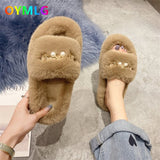 winter new net red hairy slippers for women's outer wear flat-bottomed slippers, wild thick-soled Korean hairy