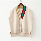 Female Fashion Loose Vest V-neck Button Sweater Open Stitch Casual Striped
