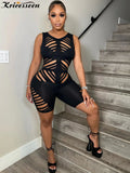 Sexy Black Hollow Out Skinny One Pieces Rompers Women Summer Sleevless Tank Playsuit Night Clubwear Short