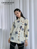 Vintage Discoid Floral Embroidered Chinese Shirt Peter Pan Collar Blouse Long Sleeve Designer Top Button Up Shirt
