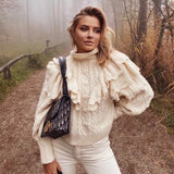 2021 Woman Sweaters High Collar Vintage Ruffled Pullover Women Sweet Lanten Sleeve Cable-knit Twist Winter Pull