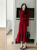 French Temperament Sweet 2 Piece Set Women Clip Wool Double-breasted Lapel Simple Chic Short Jacket+Skirt Suit Retro