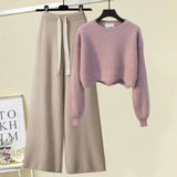 Winter Knitted Two Piece Set Women Casual Pullover Long Sleeve Knitting Sweater And Wide Leg Pants Sets For Women