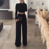 Women Autumn Winter Long Sleeve Crop Tops Straight Wide Leg Long Pants Two Pieces Sets 2020 Falll Clothes