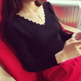 Solid Basic Pull Elastic Clothing Fashion Women Korean V-neck Long-sleeve Knit Sweater Female Jumper Pullover