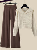 Winter Thick Knit Two Piece Sets Women Outfits Ladies Elegant Twist Knitted Sweater And Wide Leg Pant Sets Women