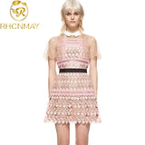 High Quality Summer Runway Self Portrait Dresses Elegant Hollow Out Patchwork Fashion Short Mini Pink