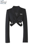 Autumn New Chic Long Sleeve Turn Down Collar Cross Waist Hollow Out Slim Blazer Women Streetwear Black Crop Top Coat