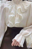 Spring Ruffle Stitching Palace Blouse Women Long Flare Sleeve Buttons Ruched Loose Top New Stand Collar Chiffon Shirt
