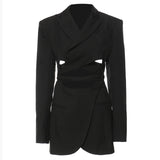 2022 Autumn New Arrivals Turn Down Collar Back Hollow Out Drawstring Long Slim Blazer Women Black Coat