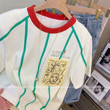 Wide Striped Contrast Color Face Appliques T Shirts Y2k Top Women Kawaii Street Summer Tee O-neck Casual Korean