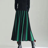 Knitted Pleated Midi Skirts Women Elegant Patchwork A Line Skirt Autumn Winter Korean Vintage Thick High Waist Slim