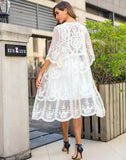 Queens Women Solid Half Sleeve Beach Hollow Out Loose Bohemian Maxi Dress Ladies V-neck Lace Boho Kimono