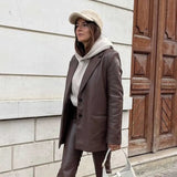 Casual Women 2021 Fashion Faux Leather Blazer Coat Vintage Long Sleeve With Pockets Female Outerwear Chic Veste Femme