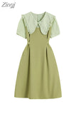 Patchwork Peter Pan Collar Women Dress Puff Sleeve Korean Tunic Dresses A-line High Waist Vestidos Office Ladies