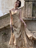 Women Elegant Print Evening Party Prom Dress Summer New Vintage Spaghetti Straps Graduation Vestido Korean Chic Bodycon