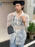 See Through Oversized Shirt Women Summer 2022 Puff Sleeve Collared Shirt Blouse Tulle Top Transparent Korean