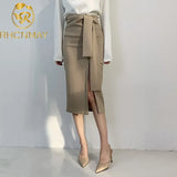 New Women Elegant Sheath Wrap Skirts Front Split Korean OL Style High Waist Chic Work Wear Drawing
