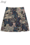 Women Harajuku Bear Pattern Skirts Korean High Waist A-Line Falda Mujer Vintage Jacquard Cartoon Streetwear Trendy Female