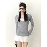 New Autumn Winter Korean Style Knitted Sweater Chic Sexy Women Fake Two Pieces V-Neck Long Sleeve