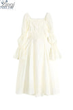 Autumn New Women's Dress French Vintage Sweet Style Hollow-Out Bow Lace-Up Square Collar Puff Sleeve Ladies Long