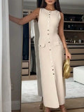 Ladies Knitted Jersey Dress Round Collar Sleeveless Button Slimming