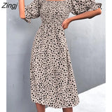 Leopard Print Dress Women Summer Dress 2022 New Vintage Square Neck Short Puff Sleeves Large Hem Chic Midi A-line