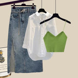 Outfits For Women 2023 Fashion Sling Vest+long Sleeve Sunscreen Shirt+side Split Denim Skirts Sets Korean 3 Piece