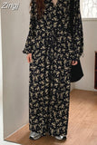 Korean Long Sleeve Chiffon Floral Dress Women Casual Femme V-neck Long Dresses Ladies New Arrival Vestidos Dress