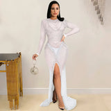 Sexy Women Crystal Mesh Sheer Maxi Dress Ladies Long Sleeve See Through Bodycon Birthday Clubwear Long Dress