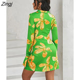 New Autumn Print Women Dress Long Sleeve Single Breasted Ruched Female Dress Elegant Casual Party Clubwear Vestidos