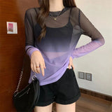 Sexy Hollow Out Backless T Shirts Women Gradient Ice Silk Loose Sunscreen Shirts Summer Gothic See Through Blouses
