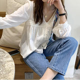 Vintage Sweet Lace Shirts Women Korean Cute V Neck Long Sleeve Loose Blouses Summer Streetwear Boho Beach Casual Tops