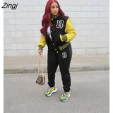 Striped print Women Fall Two piece Set Sweatshirt Zipp jacket Top Trousers Sports Baseball Uniform Workout
