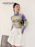 Y2k Mesh Top Graphic T Shirt Long Sleeve Tee Purple Turtleneck Women See Through Gradient Print Sheer Aesthetic