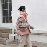 Winter Women Solid Loose Vest Drawstring Stand Collar pocket Short Vest Jacket Cotton Padded Windproof Warm
