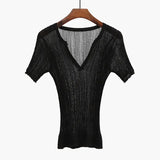 See Through High Quality Plain T Shirt Women Cotton Elastic Basic Short Sleeve Sexy V-Neck Slim Korean Style Ladies