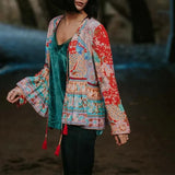 Queens Women Birds Floral Printed Long Sleeve Bohemian Blouse Shirts Ladies Rayon V-neck