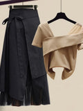 Women Summer Sets Mesh Patchwork Slash Neck Tops + Asymmetric Skirt 2 Piece Sets Female Party Suits Elegant Casual Two Piece