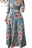 Women Summer Long Dress 2023 Casual Long Sleeve Boho Floral Print Maxi Dress Turtleneck Bandage Elegant Party Dresses