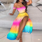 Women Sets Clothes Off Shoulder Ruffles Top & Print High Slit Skirt Set Women Sets 2 Piece