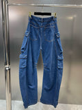 2000 Autumn Fashion High Quality Multiple Pockets Design Jean Women Loose High Waist Blue Denim Pants Female
