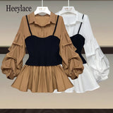 Women Puff Long Sleeve Patchwork Fake Two Piece Blouse For Women Turn Down Collar High Waist Shirt Office Ladies