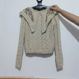 Fashion Woman Sweaters Embroidered Cropped Knitted Sweater Vintage Cute Peter Pan Collar Female Pullovers Chic