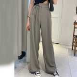 Loose Office Lady Thin Wide Leg Pants Summer High Waist Elastic Women Straight Trousers Casual Korean Lace Up Pants