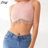 Women Ribbed Sleeveless Round Neck Crop Tops Rhinestone Tassel Hem Design Solid Color Summer Streetwear Tank